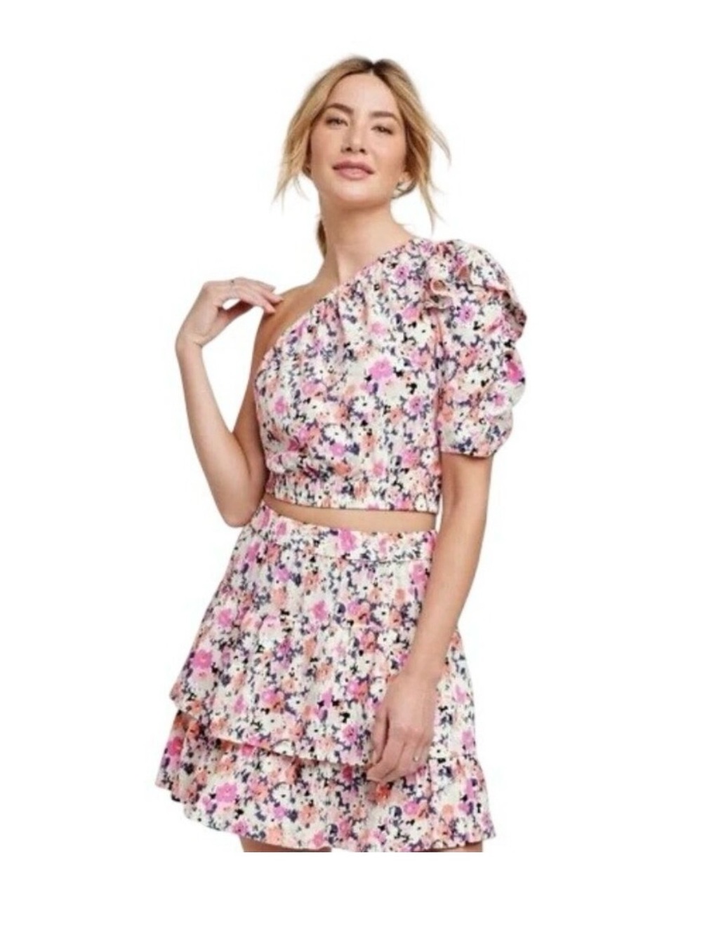 Universal Thread Floral One-Shoulder Top and Skirt Set - Large